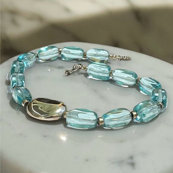 Barse Sterling Choker Womens Silver Bead Aqua Glass Beads Toggle Signed